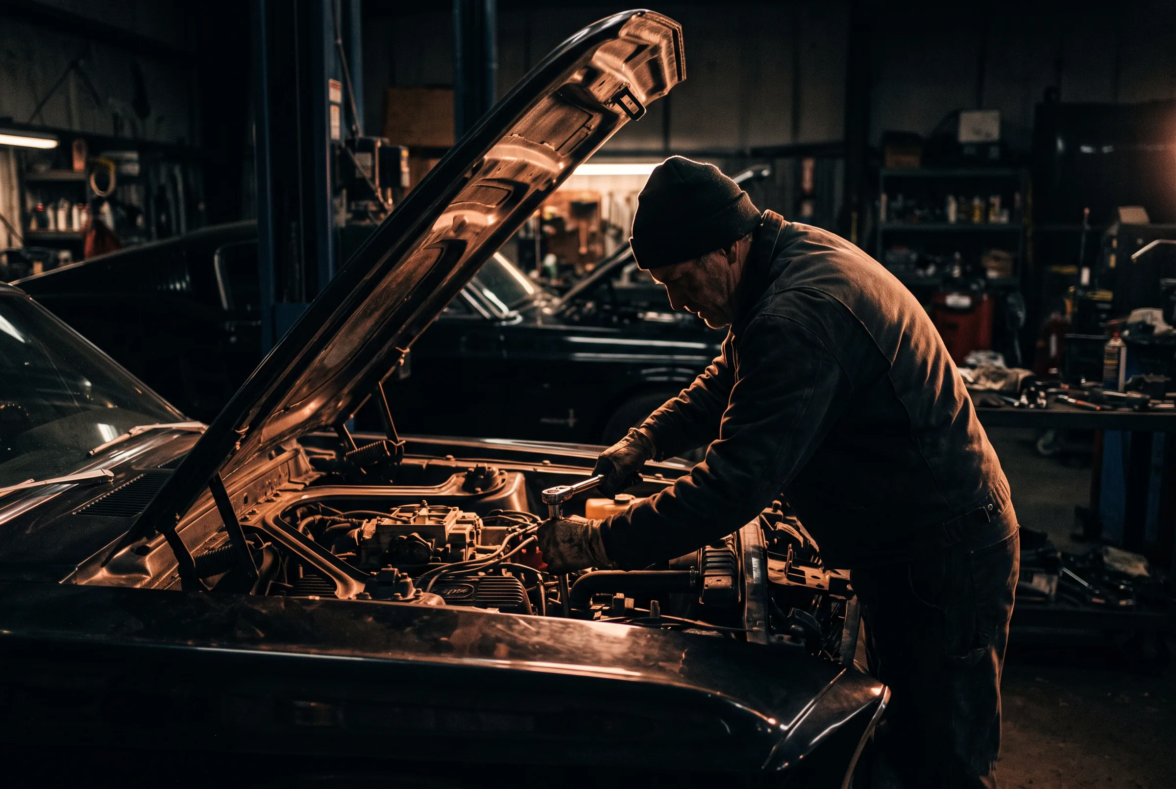 Mechaniker arbeitet konzentriert am geöffneten Motorraum